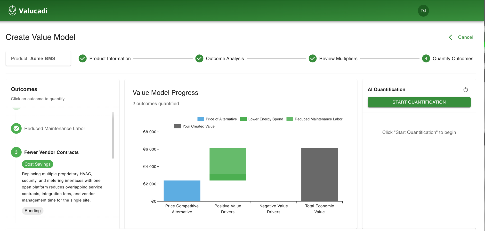 Valucadi's AI-guided wizard for quantifying the value of a product's outcomes