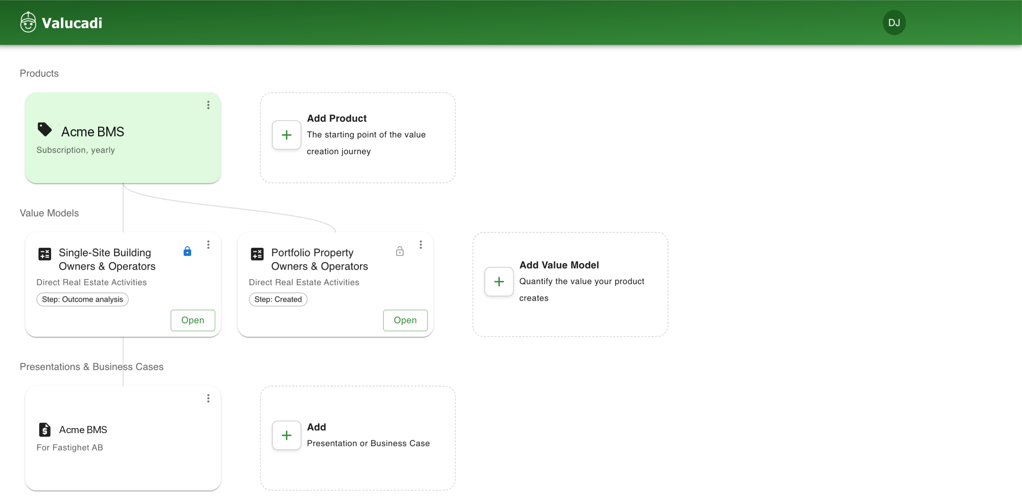 Valucadi app showing a product, its value models, and a generated business case